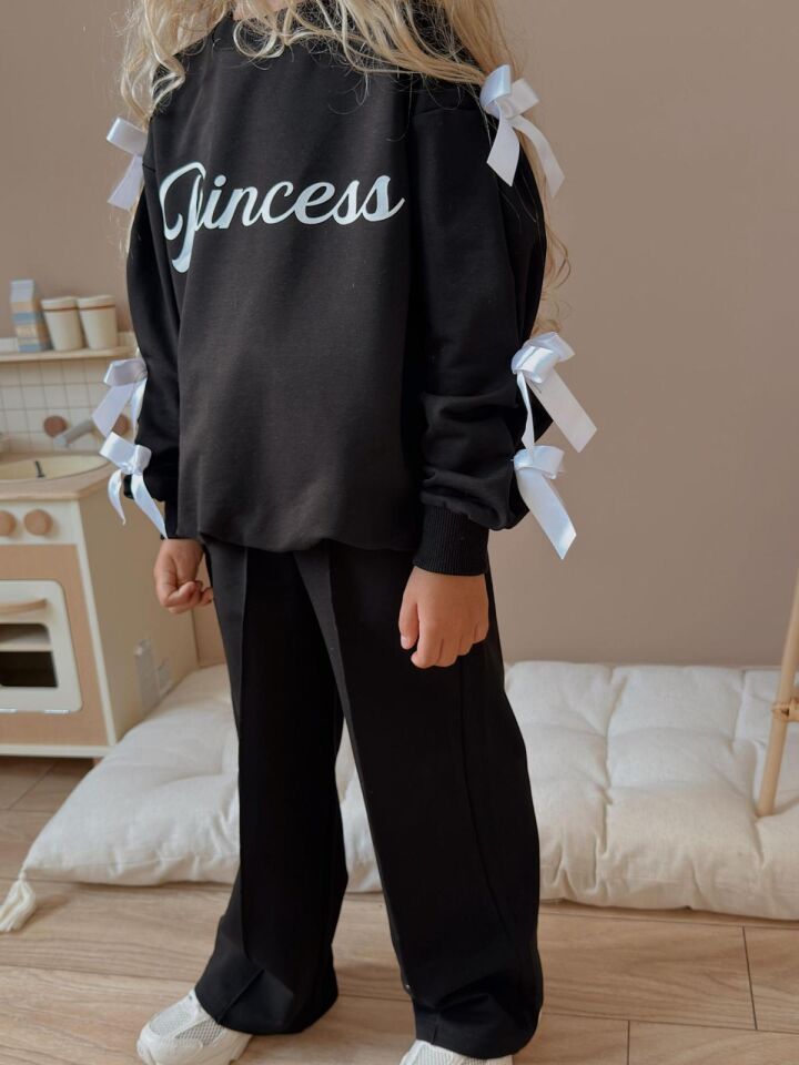Kız Çocuk Princess Yazılı Alt Üst Uzun Takım Siyah (5-E)