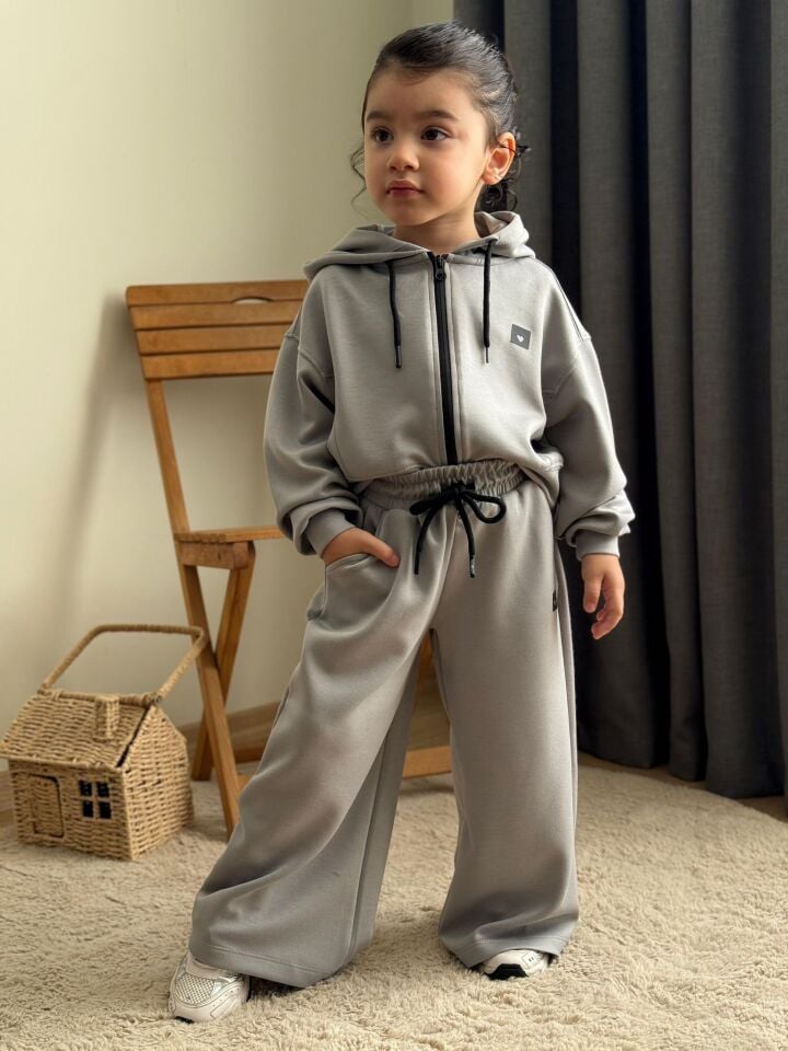 Kız Çocuk  Oysho Kumaş Üst Fermuarlı Eşofman Takım Gri (5-E)