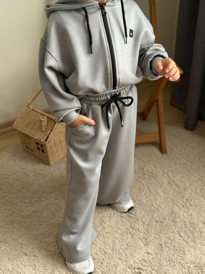 Kız Çocuk  Oysho Kumaş Üst Fermuarlı Eşofman Takım Gri (5-E)