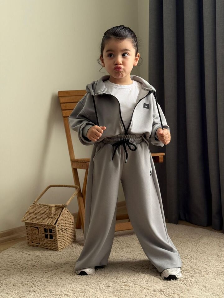 Kız Çocuk  Oysho Kumaş Üst Fermuarlı Eşofman Takım Gri (5-E)
