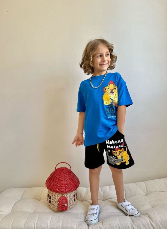 Mavi Lion Baskılı Şortlu Takım