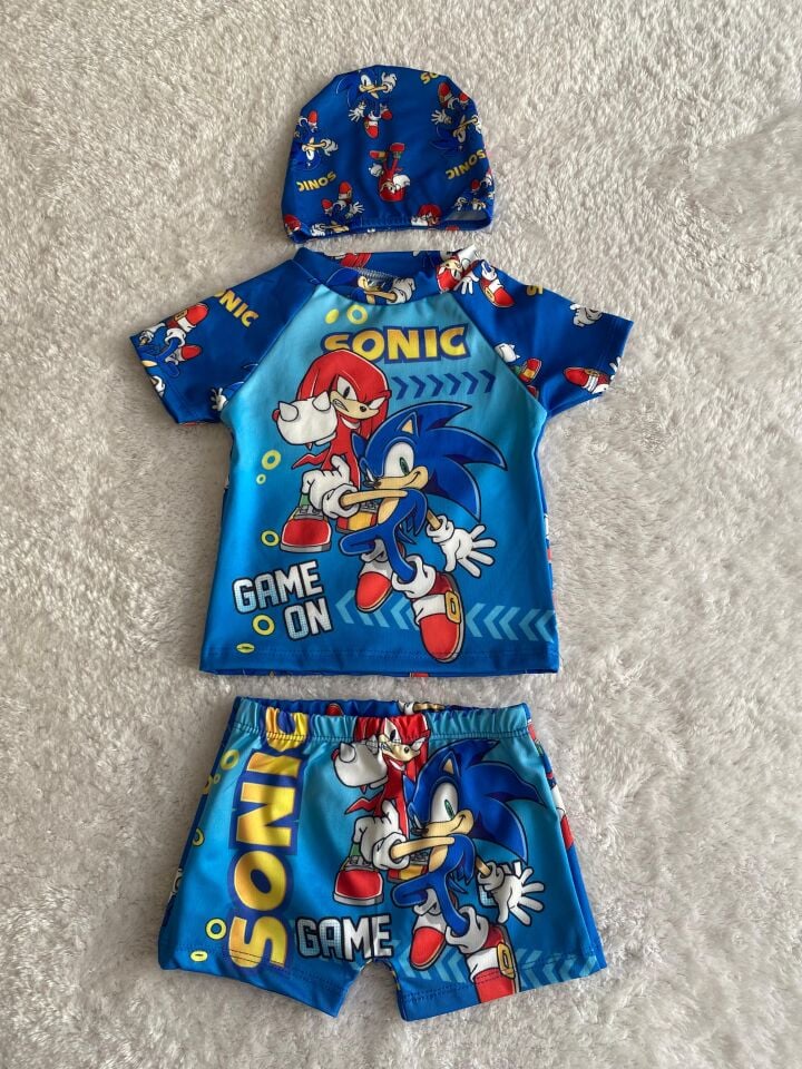 Erkek Çocuk Sonic Kısa Kollu Şortlu Boneli Mayo