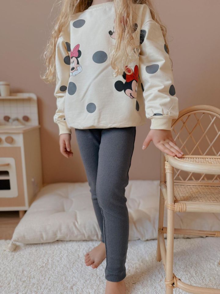 Gri  Minnie Mouse Baskılı Tayt Takım