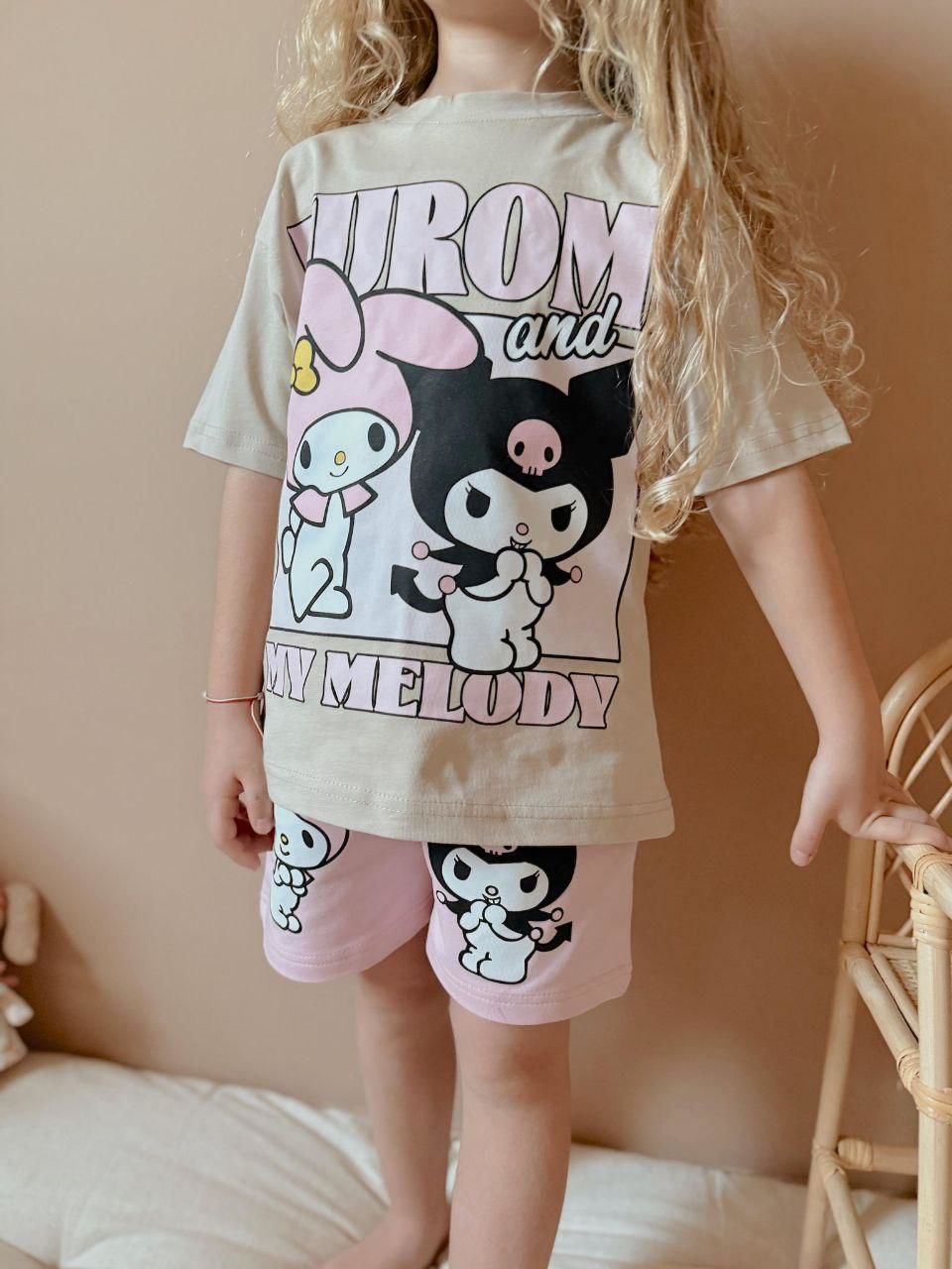 Pembe Kuromi Yazılı Şortlu İkili Takım Bej (5-F)