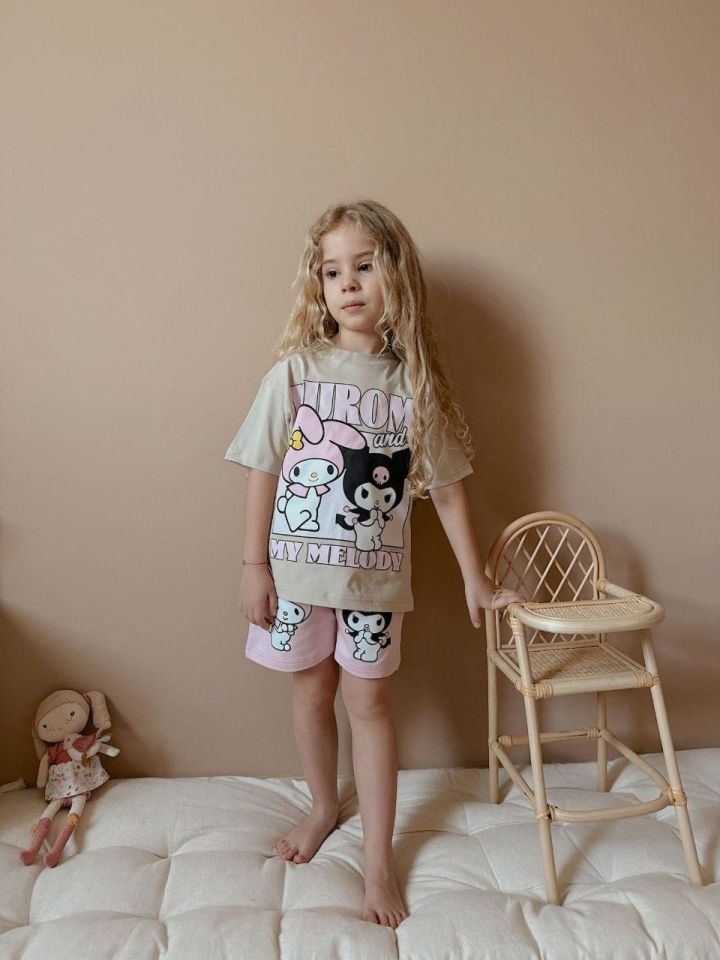Pembe Kuromi Yazılı Şortlu İkili Takım Bej (5-F)