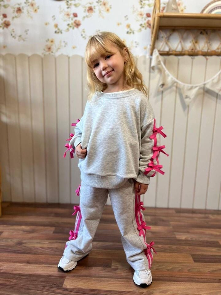 Kız Çocuk Gri Kenarı Fiyonklu Uzun İkili Takım