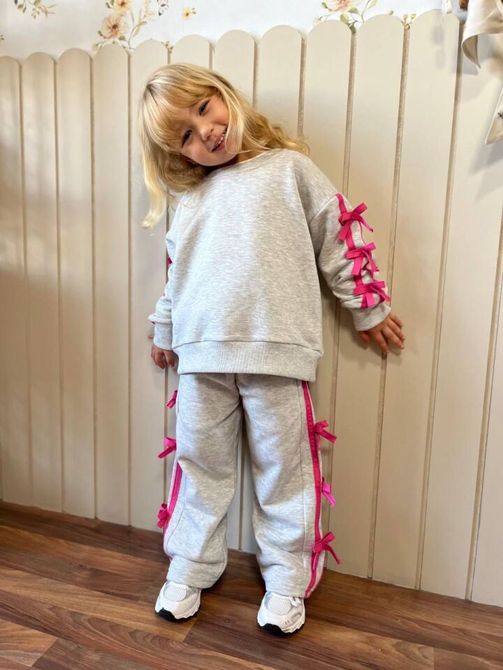 Kız Çocuk Gri Kenarı Fiyonklu Uzun İkili Takım