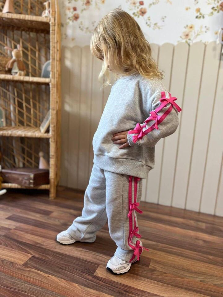 Kız Çocuk Gri Kenarı Fiyonklu Uzun İkili Takım