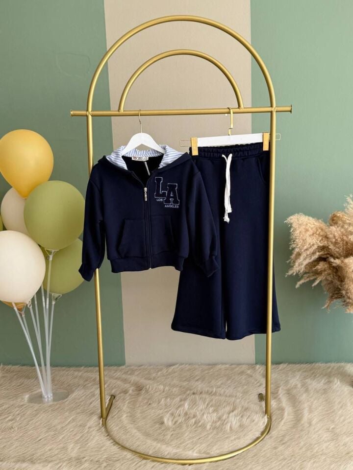 Kız Çocuk Kapşonlu Fermuarlı Eşofman Takımı Lacivert