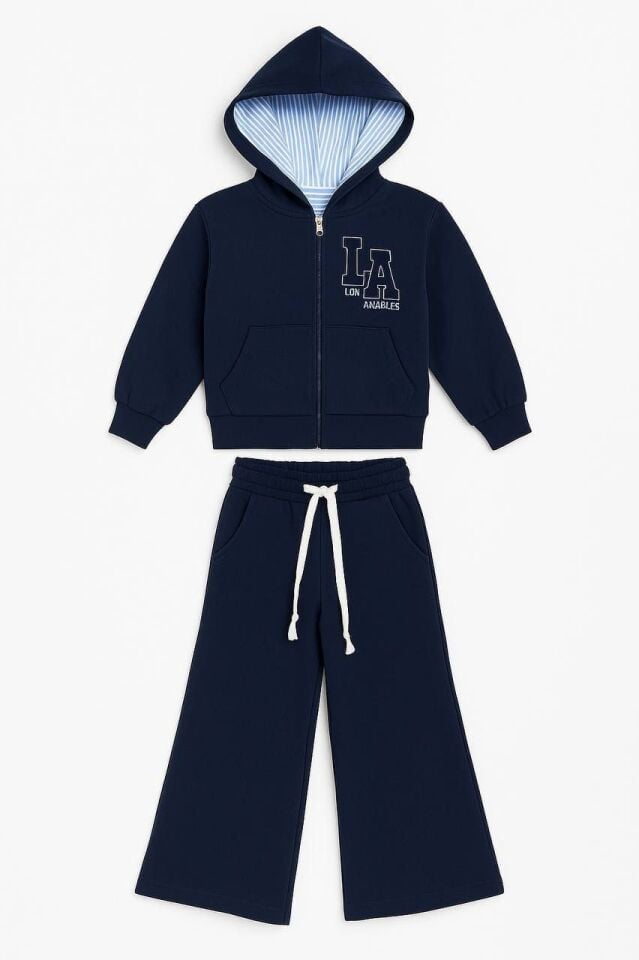 Kız Çocuk Kapşonlu Fermuarlı Eşofman Takımı Lacivert