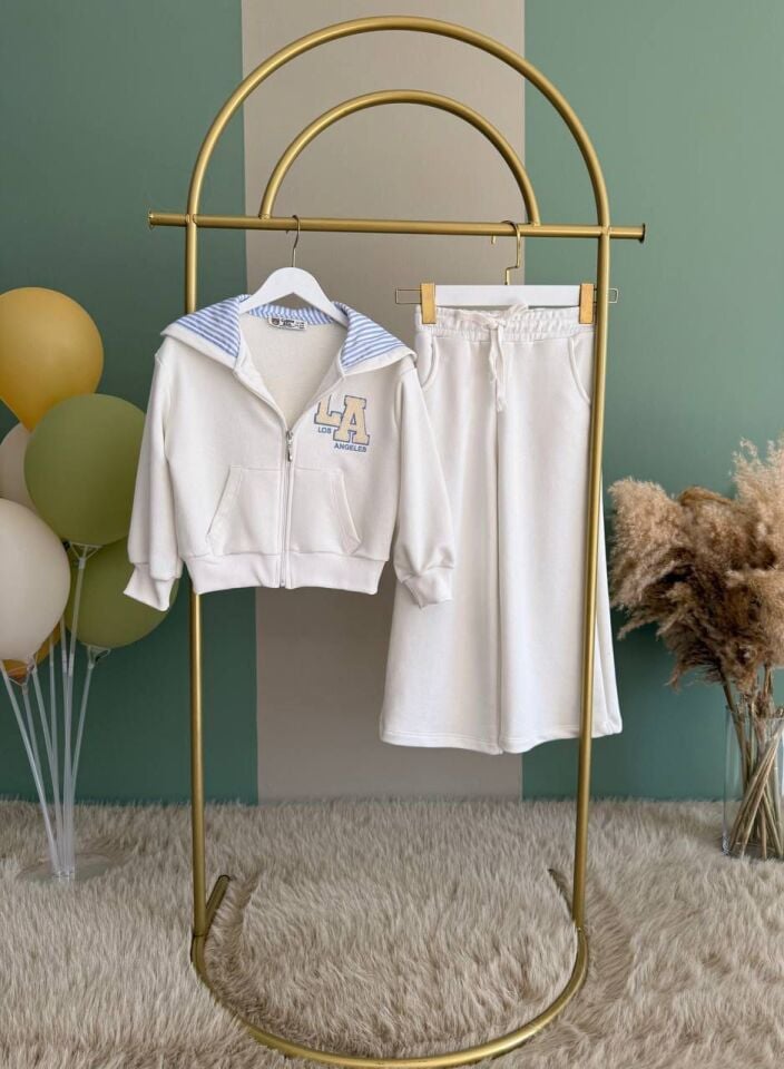 Kız Çocuk Kapşonlu Fermuarlı Eşofman Takımı Beyaz