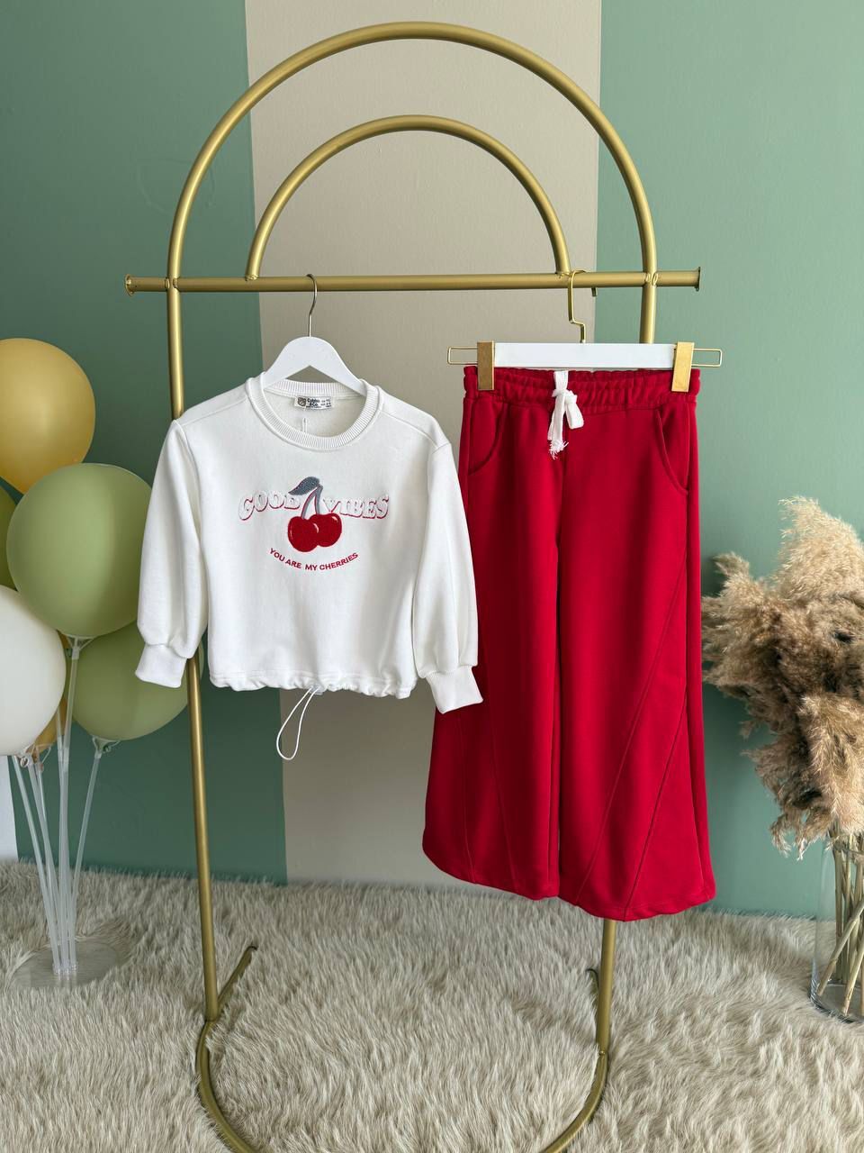 Kız Çocuk Kiraz Desenli Eşofman Takımı Alt Kırmızı