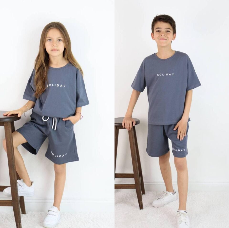 Gri Soliday Baskılı Unisex Kardeş Kombin (1-D)