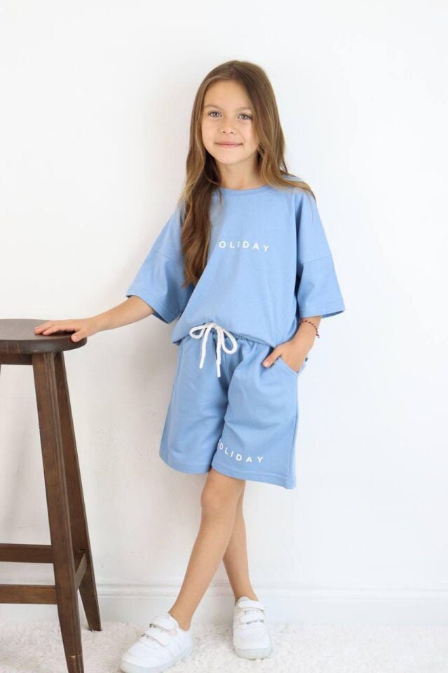 Mavi Soliday Baskılı Unisex Kardeş Kombin