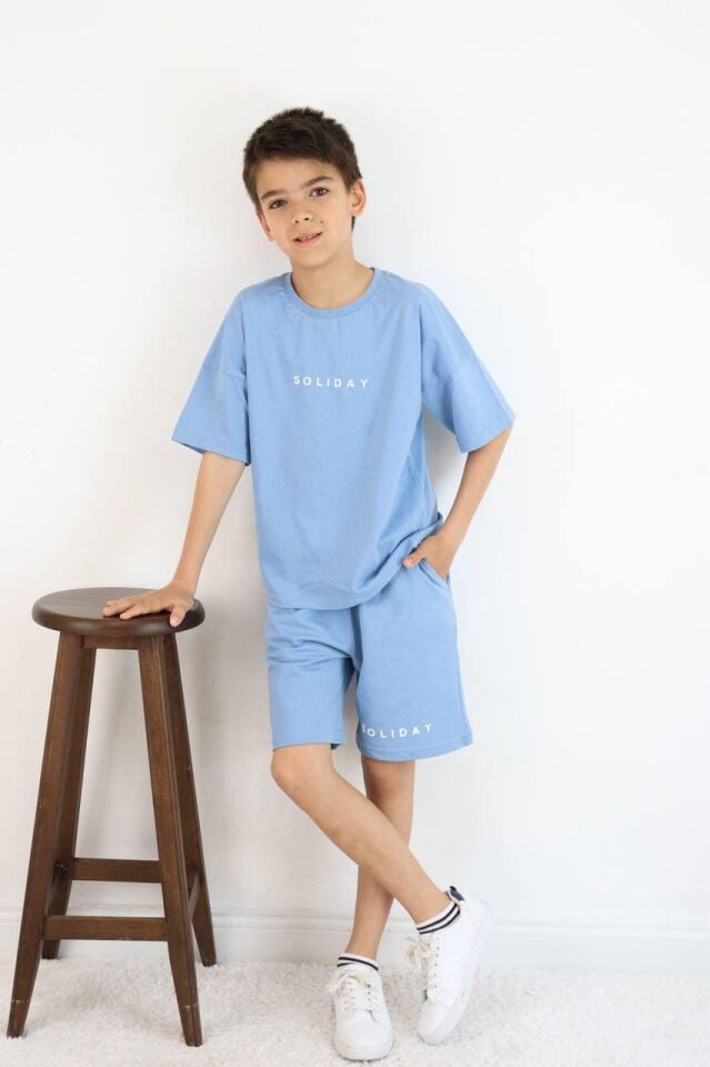 Mavi Soliday Baskılı Unisex Kardeş Kombin