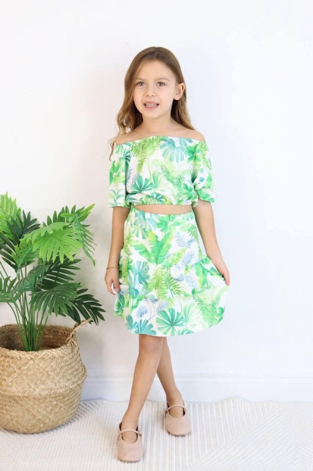 Kız Çocuk Yeşil Yaprak Crop Etekli Takım  (6-C)