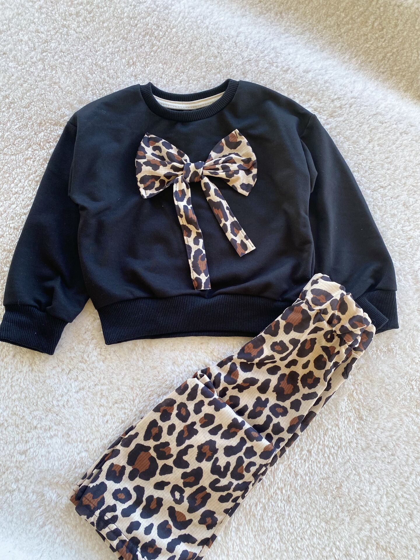 Siyah Leopar Kurdele Pantolon Takım