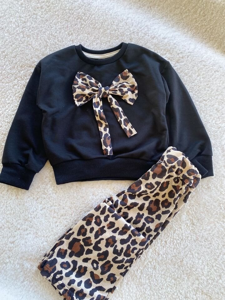 Siyah Leopar Kurdele Pantolon Takım
