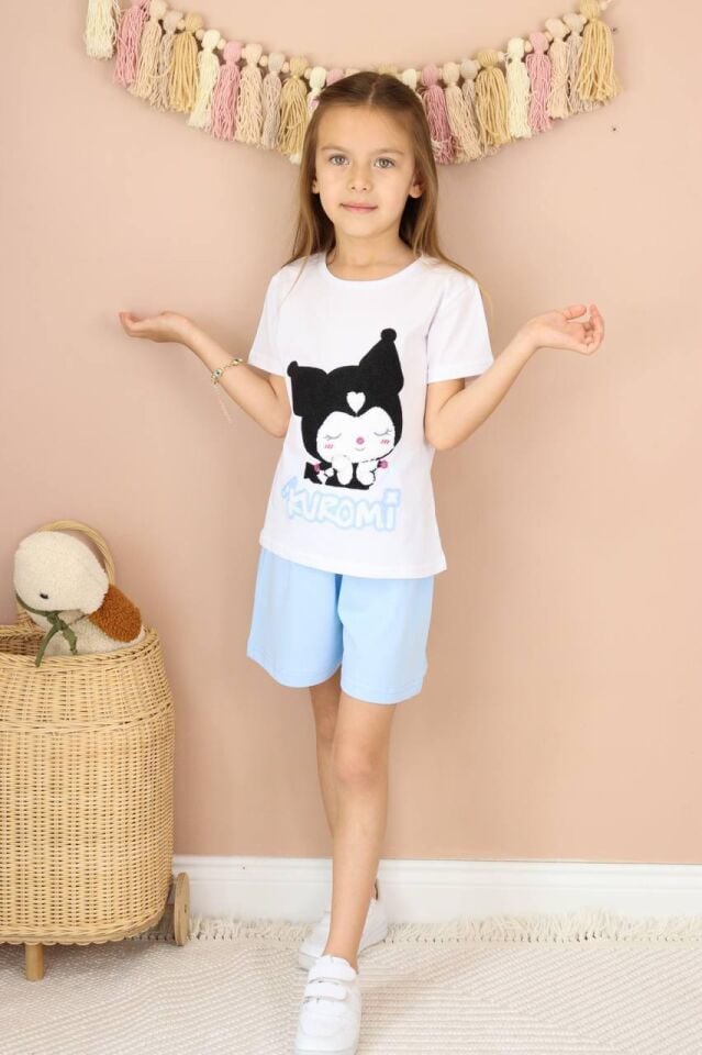 Kız Çocuk Kuromi Punch Baskılı Şortlu Takım Mavi  (5-D)