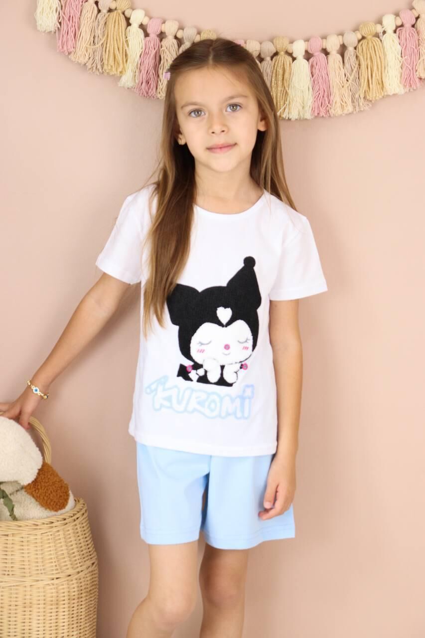 Kız Çocuk Kuromi Punch Baskılı Şortlu Takım Mavi  (5-D)