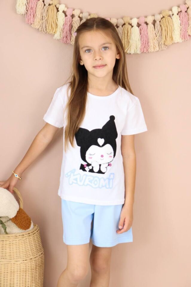 Kız Çocuk Kuromi Punch Baskılı Şortlu Takım Mavi  (5-D)