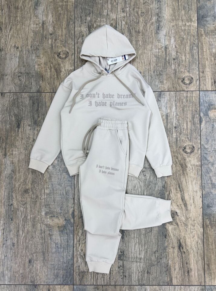 Erkek Çocuk Kapşonlu Bej İkili Eşofman Takımı