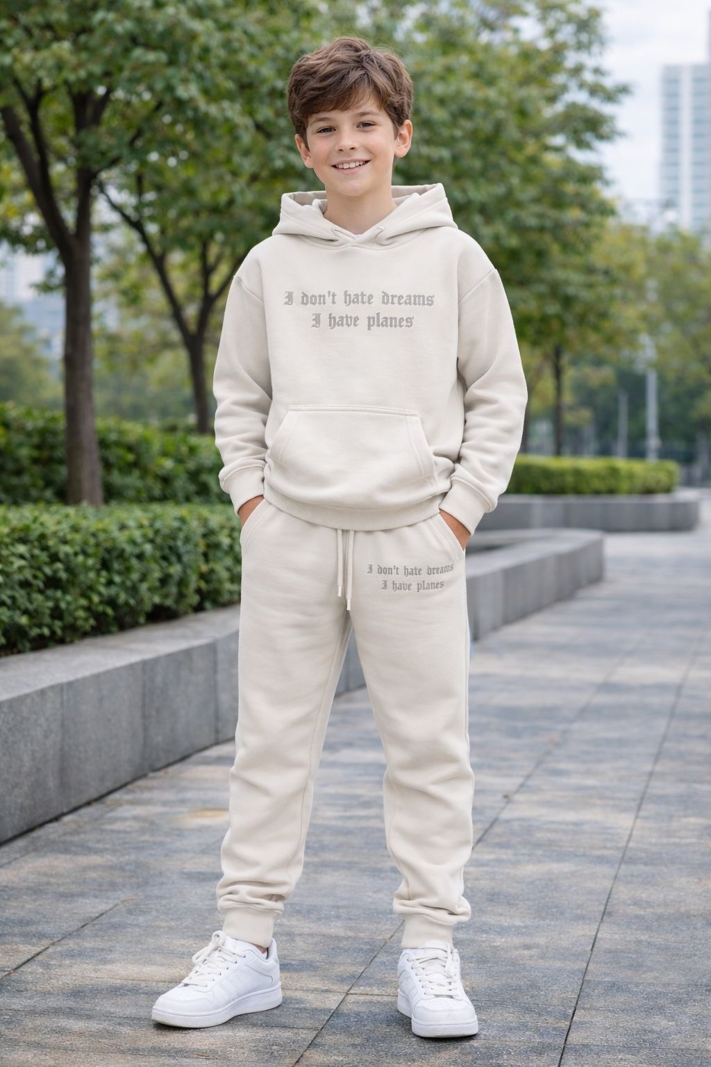 Erkek Çocuk Kapşonlu Bej İkili Eşofman Takımı