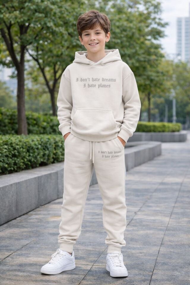 Erkek Çocuk Kapşonlu Bej İkili Eşofman Takımı