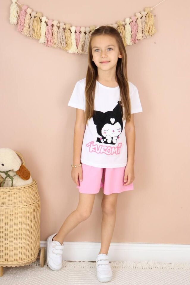 Kız Çocuk Kuromi Punch Baskılı Şortlu Takım Pembe  (5-D)