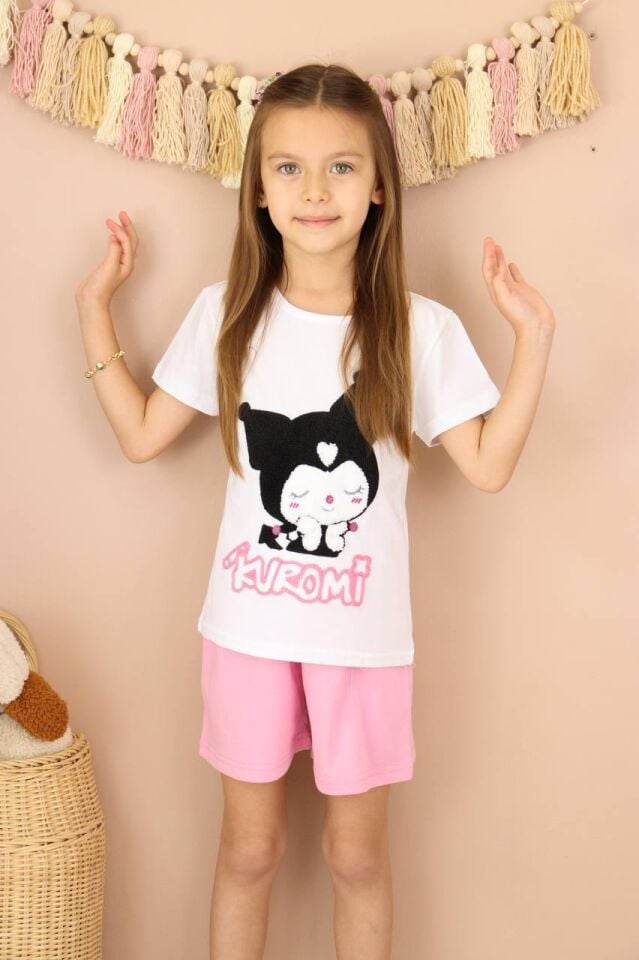 Kız Çocuk Kuromi Punch Baskılı Şortlu Takım Pembe  (5-D)