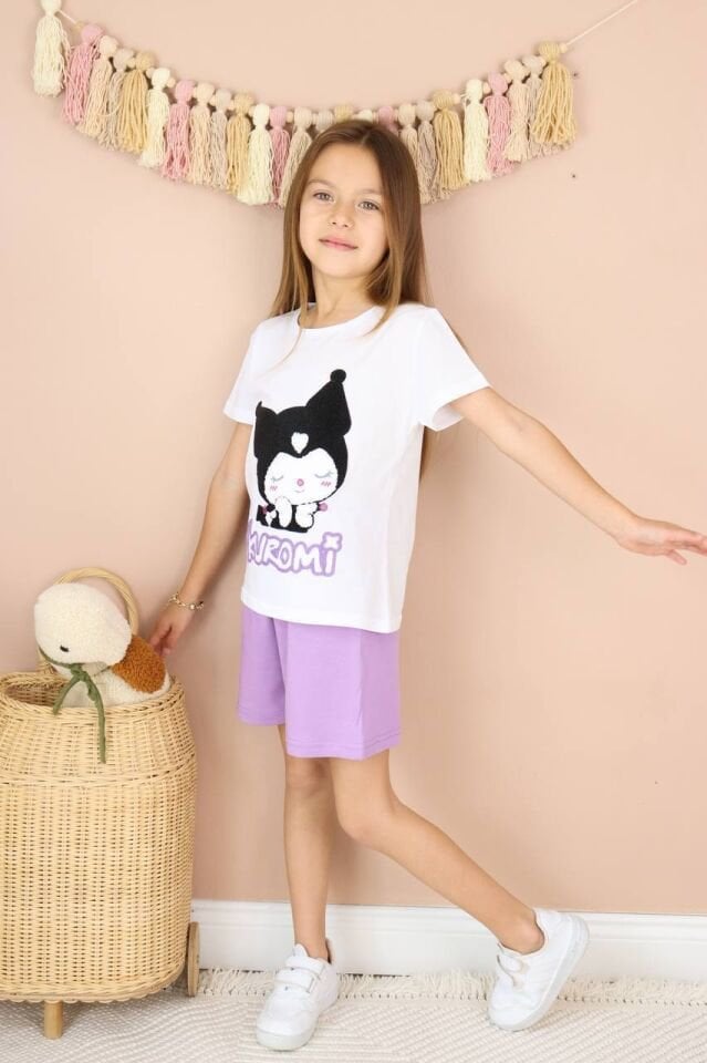 Kız Çocuk Kuromi Punch Baskılı Şortlu Takım Mor  (5-D)