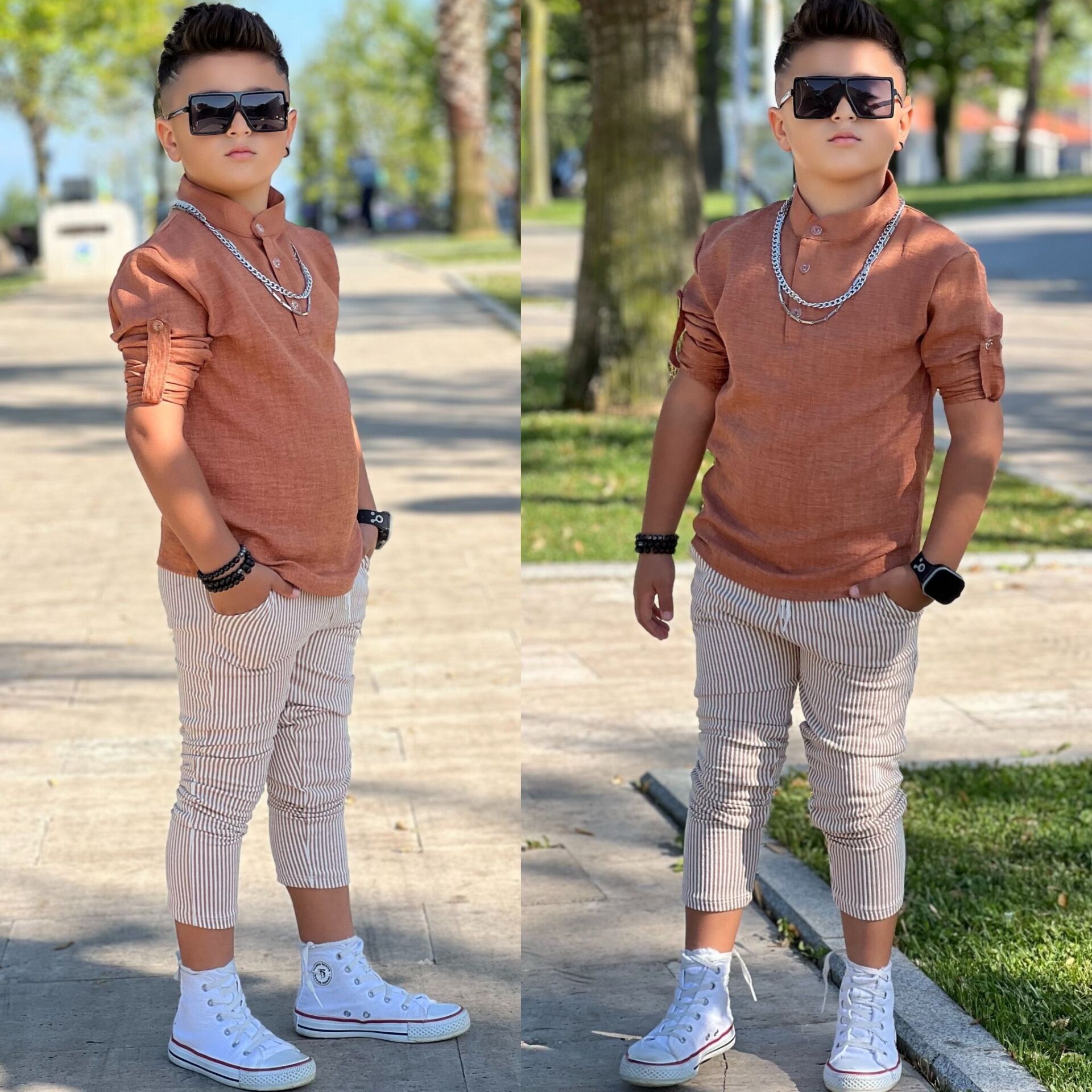 Kahve  Çizgili Pantolon Gömlek Takım