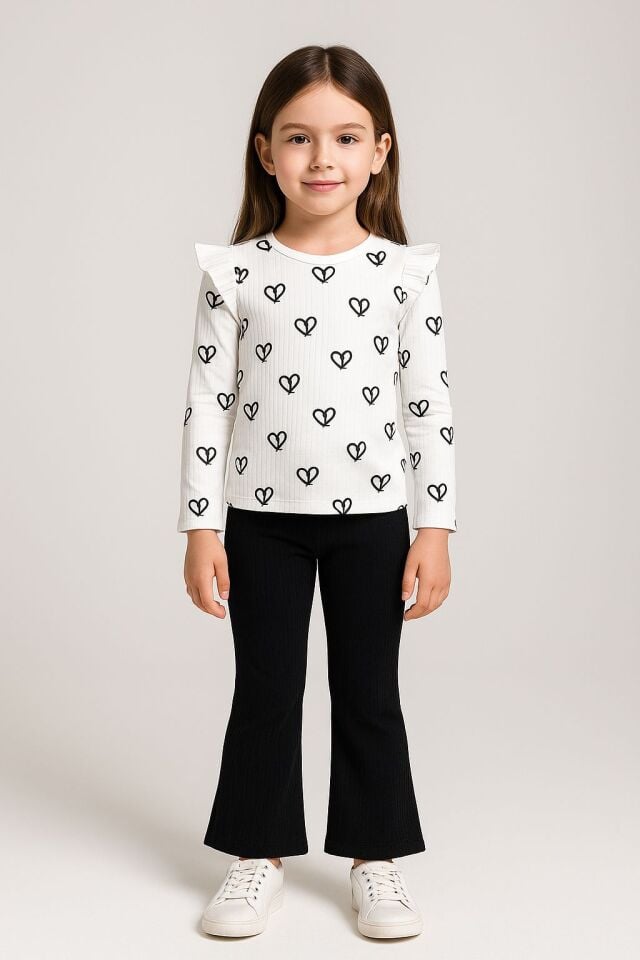 Kız Çocuk Siyah Beyaz Kalpli Fitilli Uzun Takım