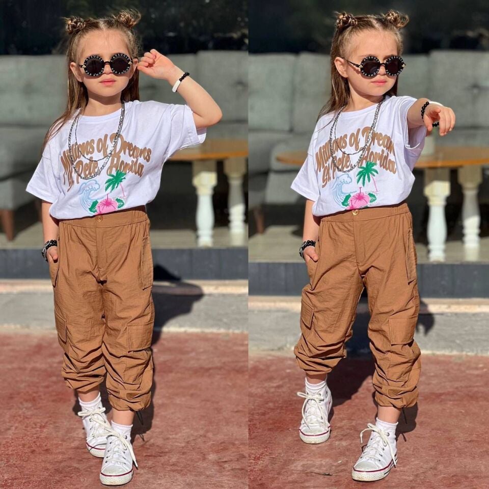 Kız Çocuk Florida Baskılı Alt Paraşüt Kumaş Takım Kahve  6-C)