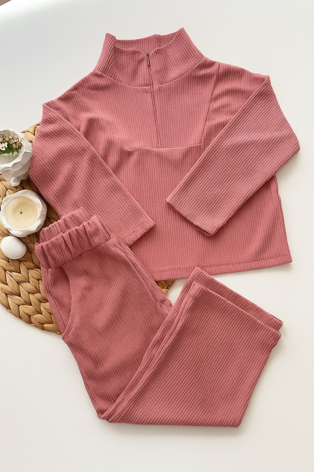 Kız Çocuk Kadife İnce İkili Uzun Takım Gül Kurusu