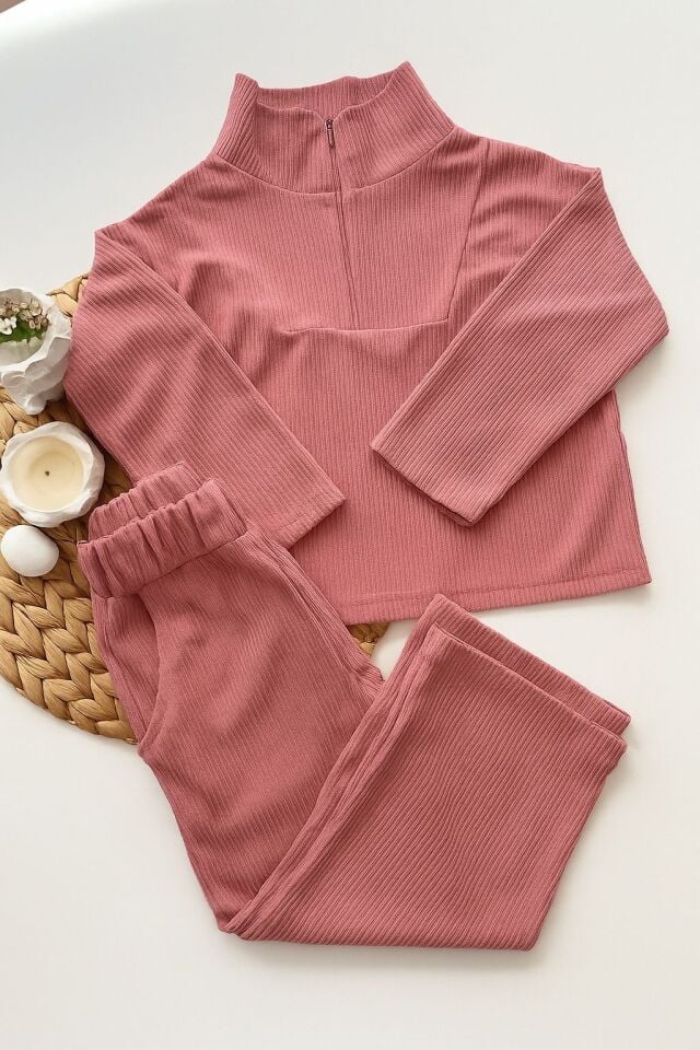 Kız Çocuk Kadife İnce İkili Uzun Takım Gül Kurusu