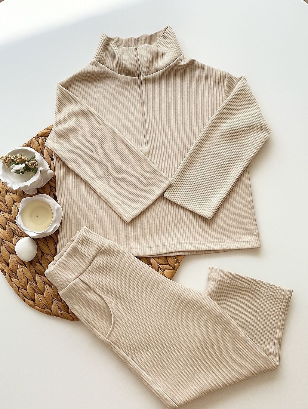 Kız Çocuk Kadife İnce İkili Uzun Takım Krem