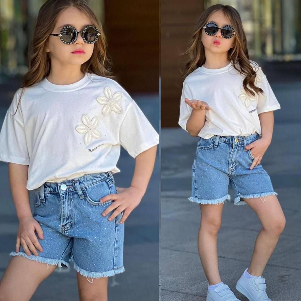 Kız Çocuk Krem Örgü Çiçek Baskılı Takım (Şort Taşlı)  (5-F)