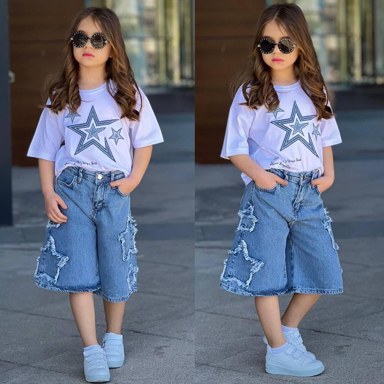 Kız Çocuk Yıldız Baskılı Şortlu Takım  (5-D)