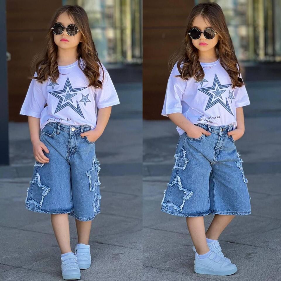 Kız Çocuk Yıldız Baskılı Şortlu Takım  (5-D)