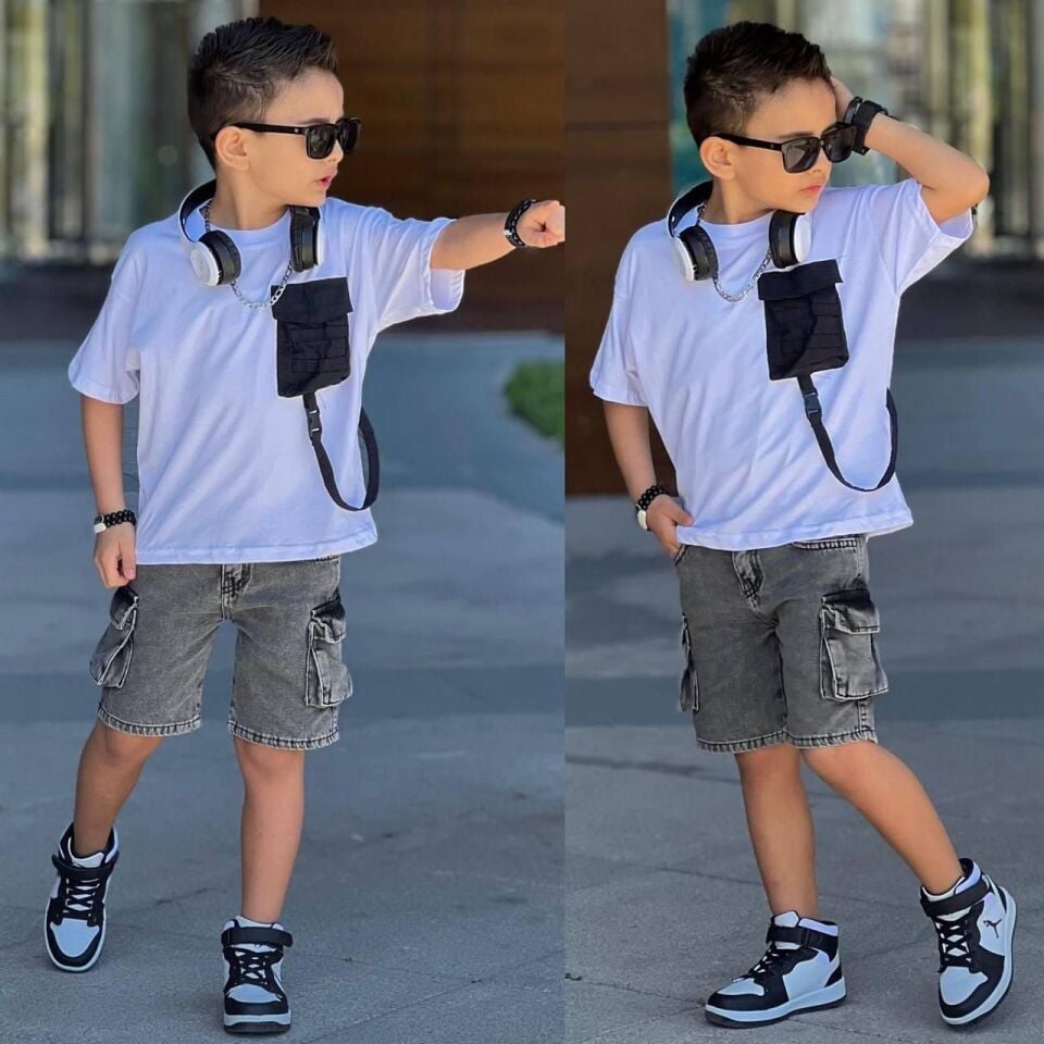 Erkek Çocuk Paraşüt Cepli Kot Takım (1-E)