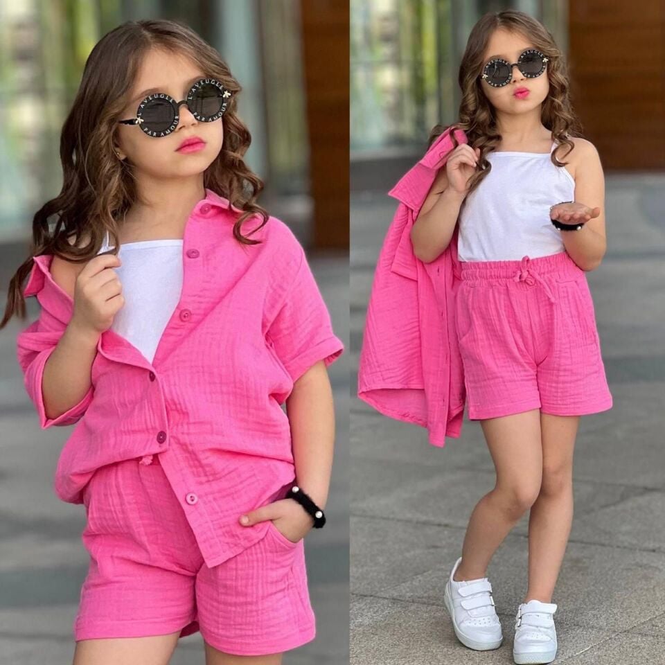 Kız Çocuk Müslin Kumaş 3 Lü Takım Pembe  (6-G)