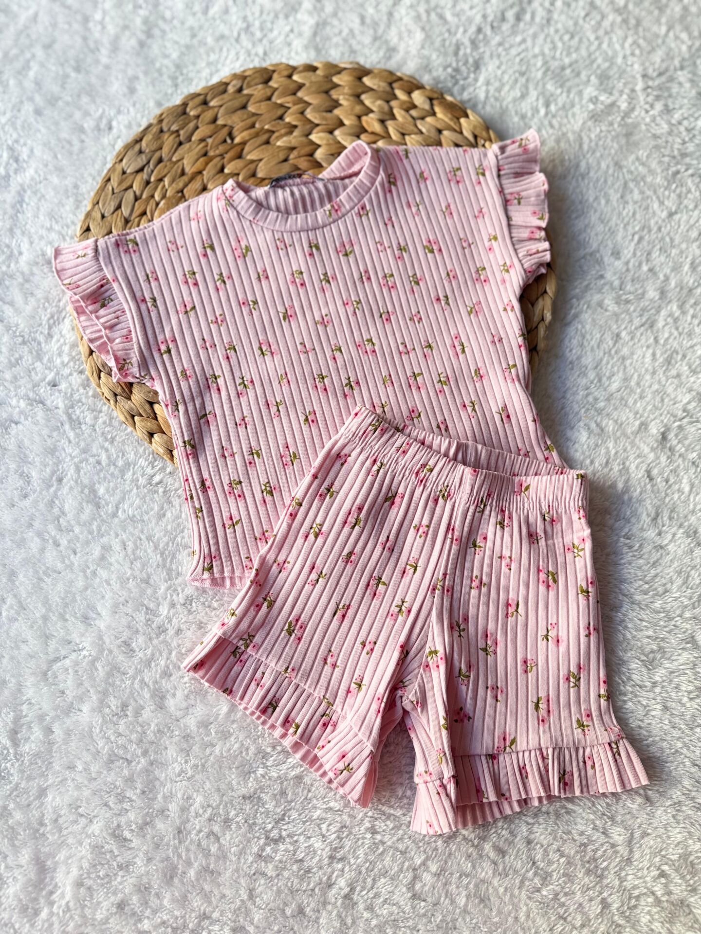 Kız Çocuk Pembe Çiçekli Fitilli İkili Takım  (5-F)