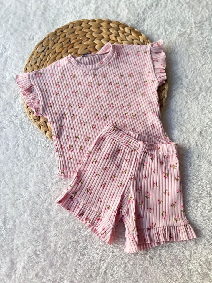 Kız Çocuk Pembe Çiçekli Fitilli İkili Takım  (5-F)