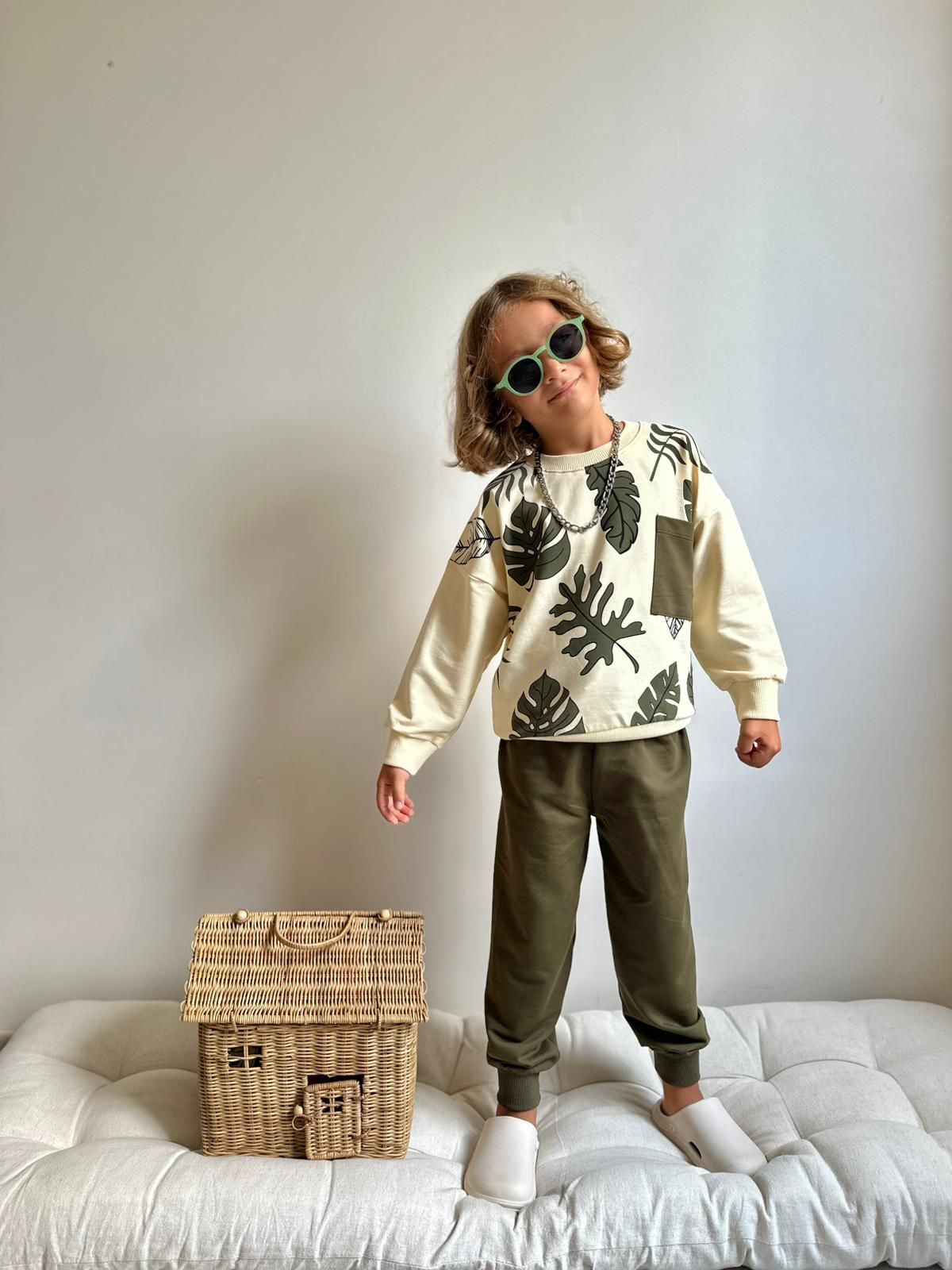 Erkek Çocuk Bej-Yeşil Yapraklı İkili Takım