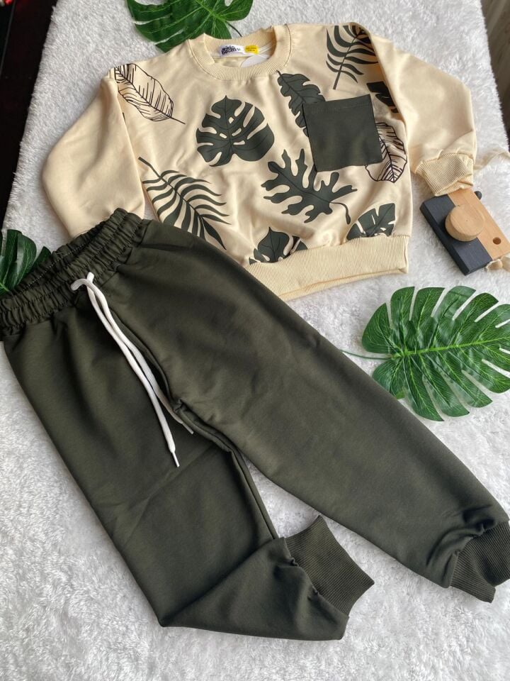 Erkek Çocuk Bej-Yeşil Yapraklı İkili Takım
