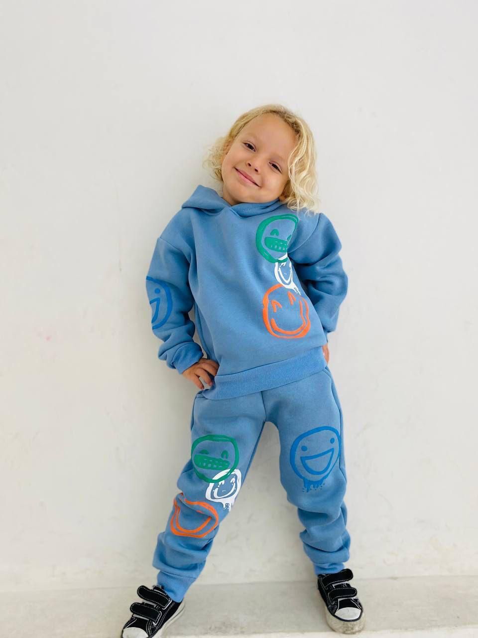 Erkek Çocuk Mavi Emoji Desenli Kapşonlu Şardonlu Takım