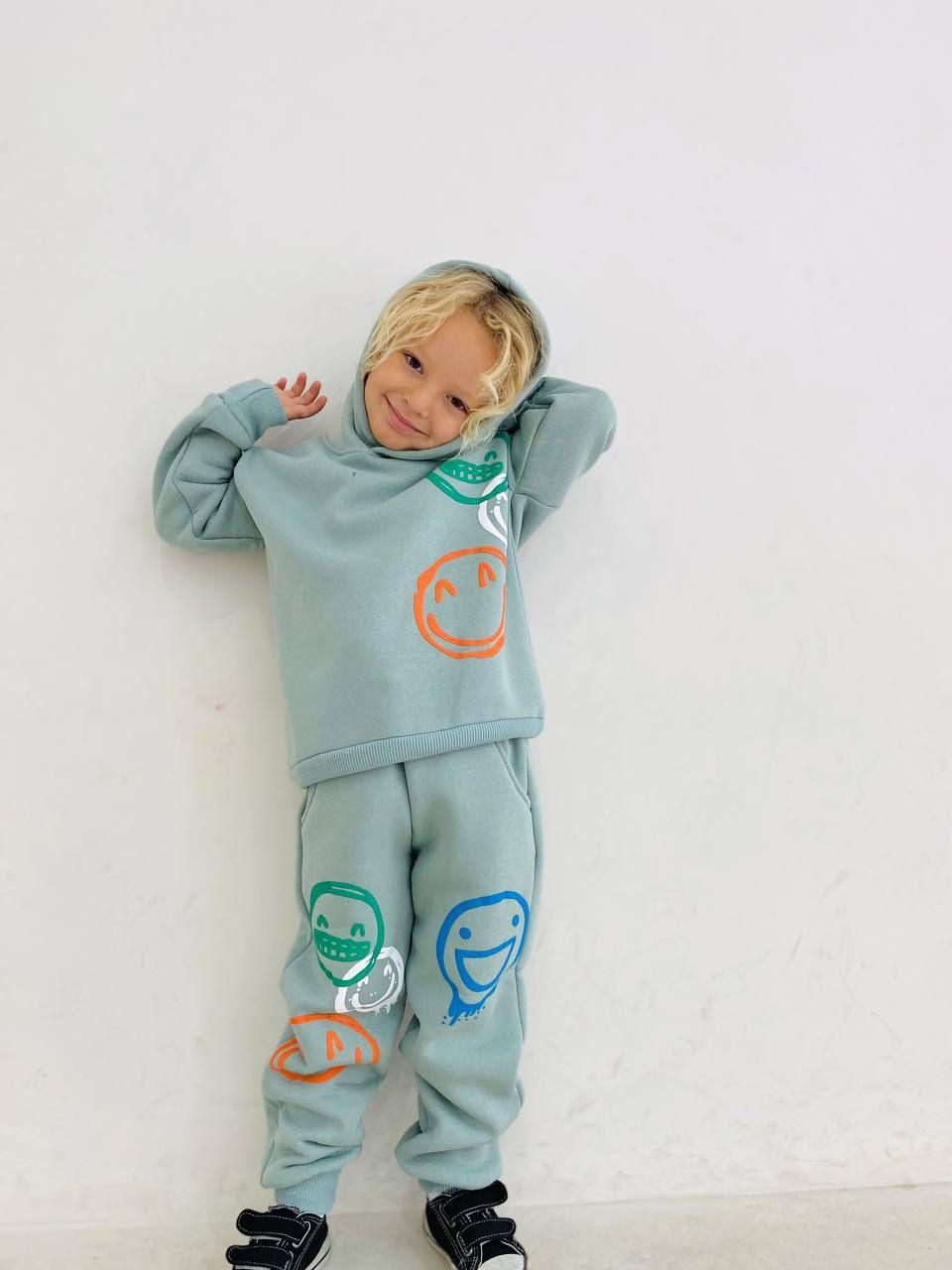 Erkek Çocuk Yeşil Emoji Desenli Kapşonlu Şardonlu Takım