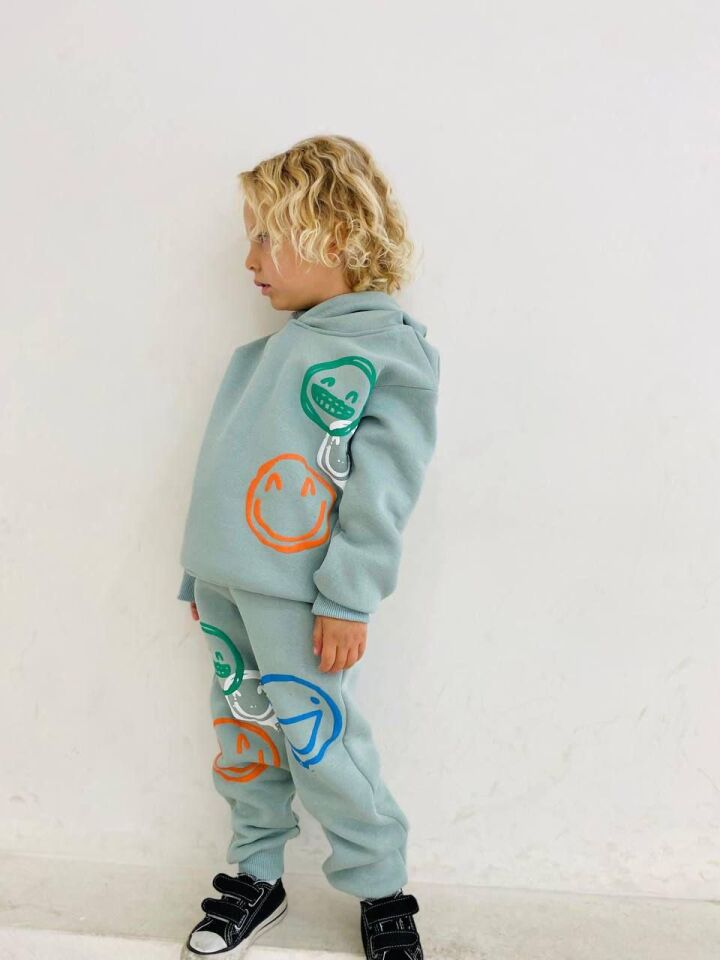 Erkek Çocuk Yeşil Emoji Desenli Kapşonlu Şardonlu Takım