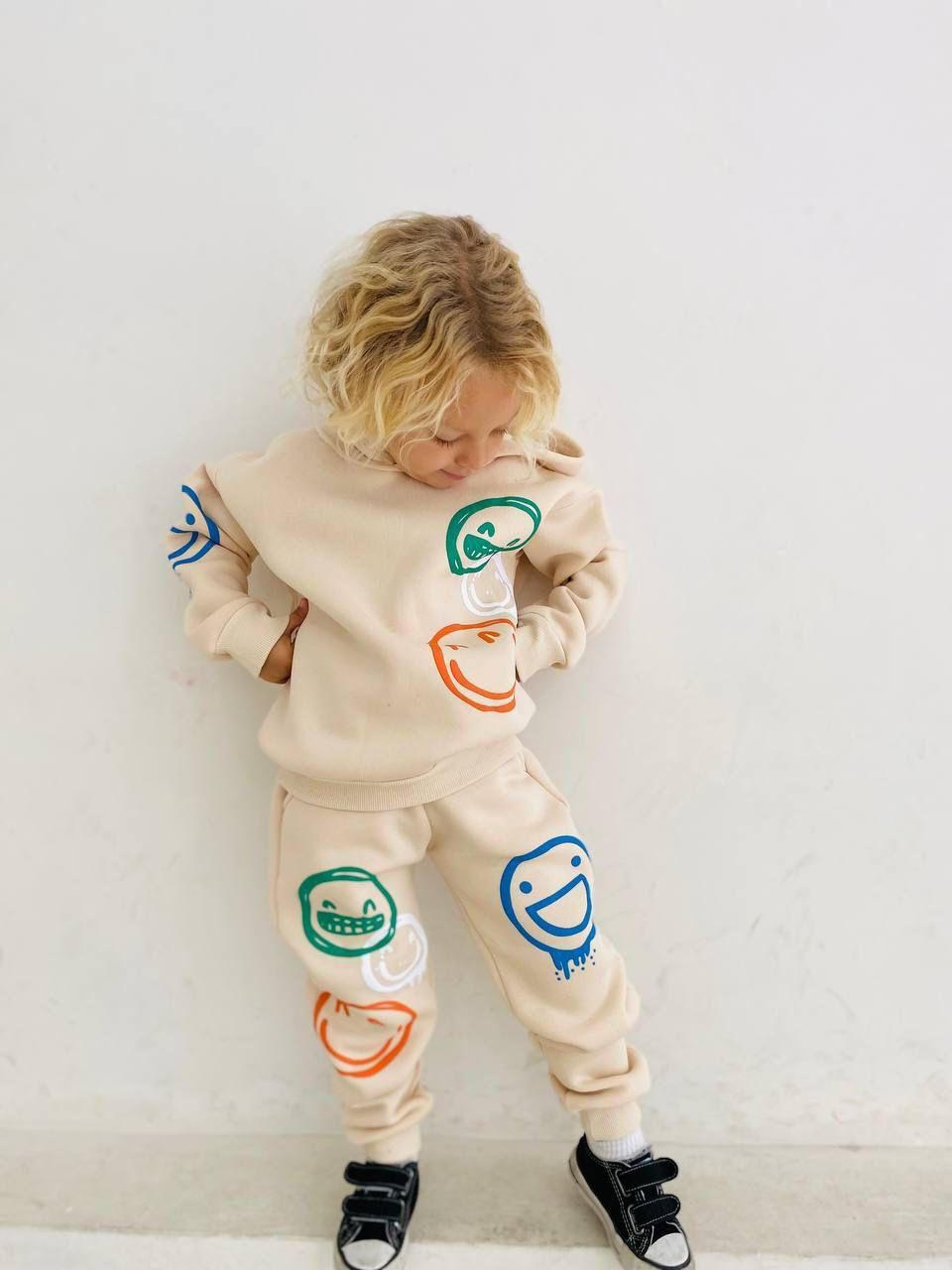 Erkek Çocuk Krem Emoji Desenli Kapşonlu Şardonlu Takım